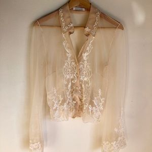 Casadei Nude + Sheer Embroidered Blouse, Sz Small